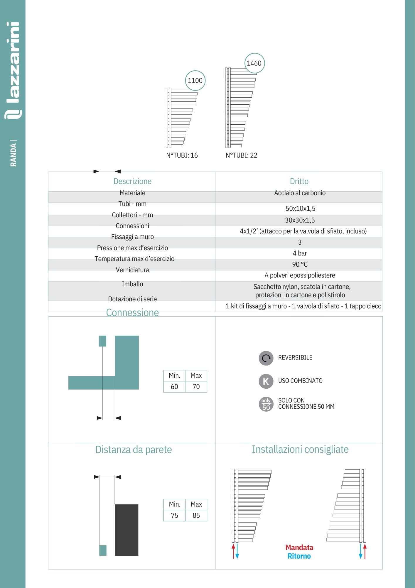 Termoarredo scaldasalviette RANDA L 590 mm interasse 50 mm bianco