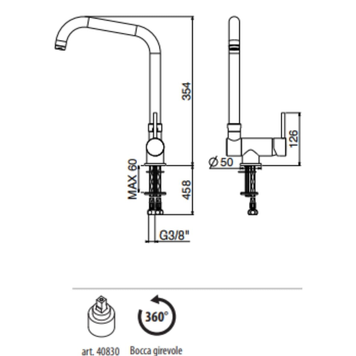 GATTONI Miscelatore lavello cucina UNDER WINDOW 6014765 con bocca girevole reclinabile sottofinestra