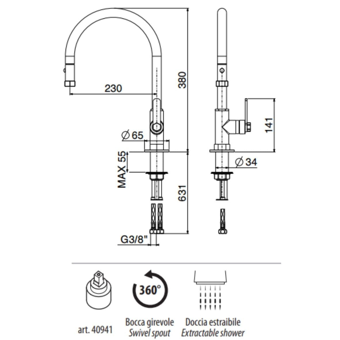 GATTONI Miscelatore lavello cucina con bocca girevole MECH C805/PC doccia estraibile 2 getti
