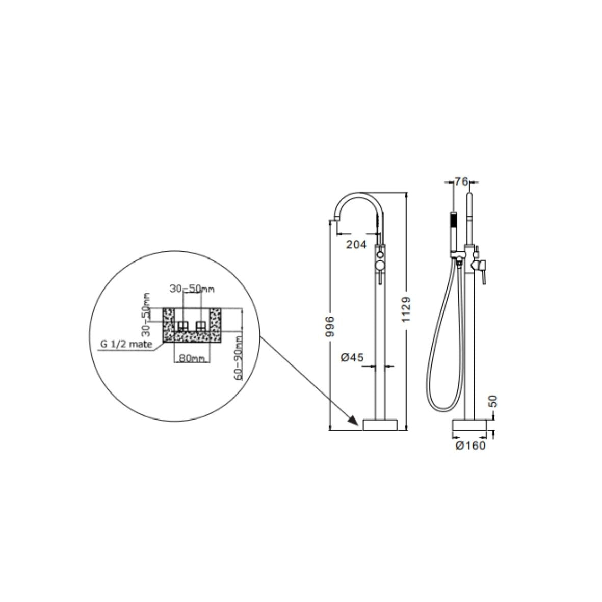 KARAG Miscelatore vasca da terra ARTEMIS cartuccia ceramica doccetta ABS flessibile inox 150 cm